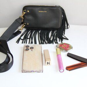 Bandolier Expanded Leather Fringe Pouch with Lana Lipstick Strap. Stylish Fringe